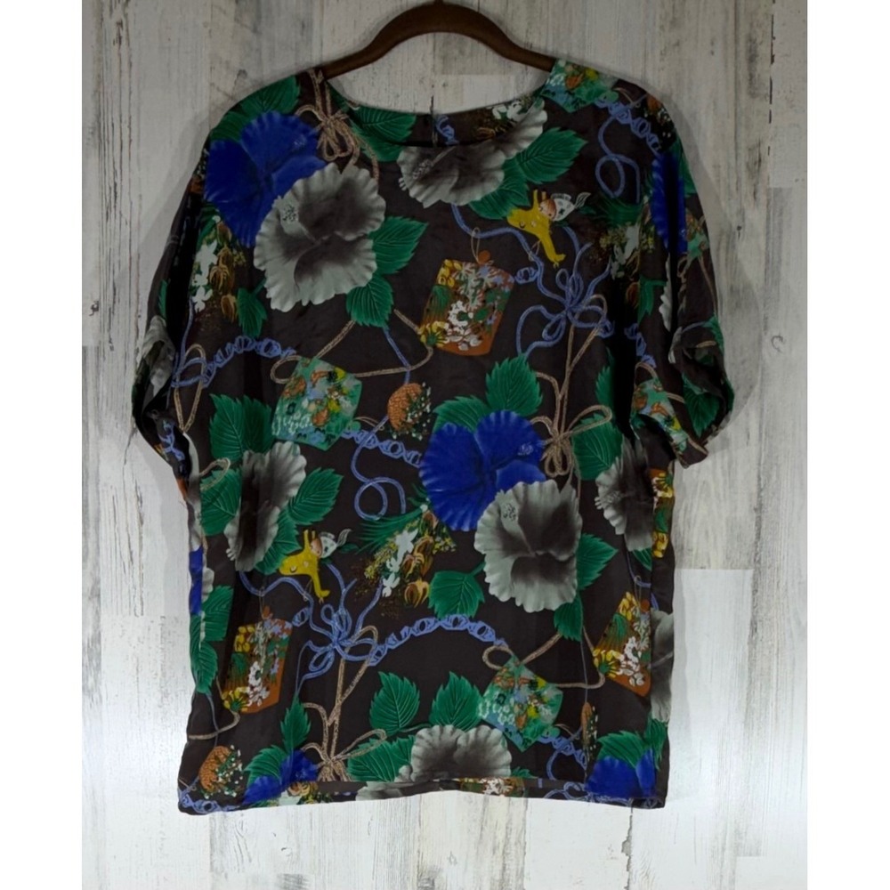 Nicola Vintage Blouse Large Tropical Hibiscus Floral Nautical Chain Print